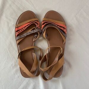 Women’s American Eagle, Brown & Gold Strappy Beaded Sandals W/Ankle Strap sz‎ 10